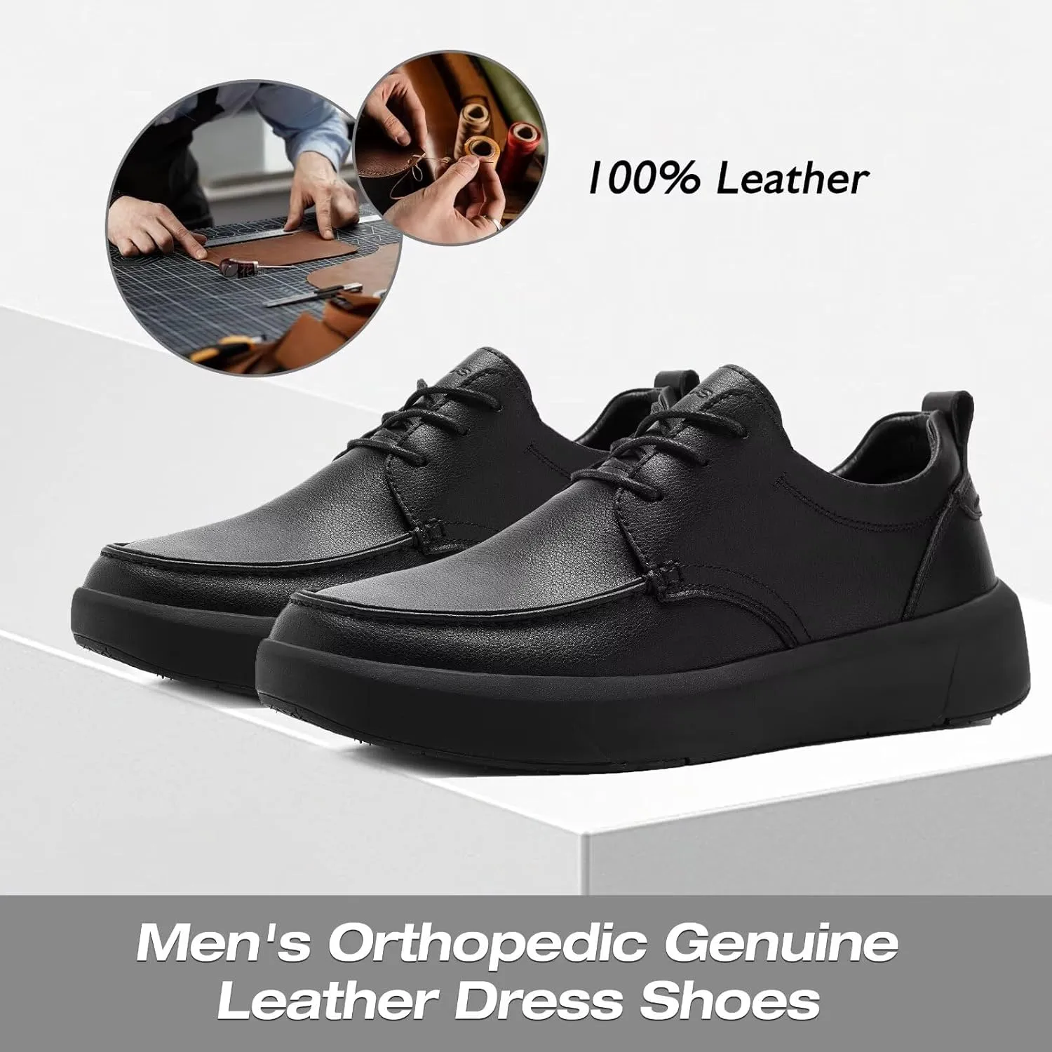 XPACS Men's Orthopedic Leather Dress Walking Shoes: Comfortable Plantar Fasciitis Arch Support Sneakers, Casual Business Work Adjustable Fit Orthotic Flat Feet Oxfords for Heel Foot Pain Relief