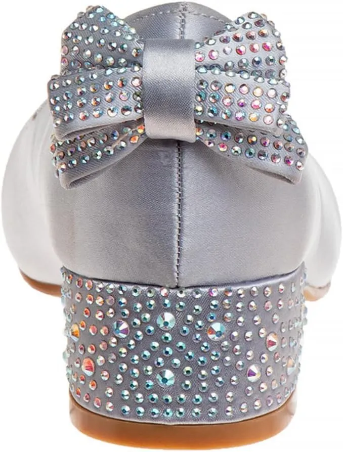 XYD Women Girls Cute Round Toe Dress Loafers Shoes Back Bowknot Crystal Block Low Heels Slip On Pumps