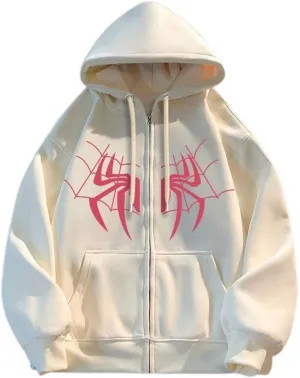 Y2k Spider Print Hoodies Hip Hop Zipper Long Sleeve Jacket Coats Harajuku Casual Loose Hooded Sweatshirt