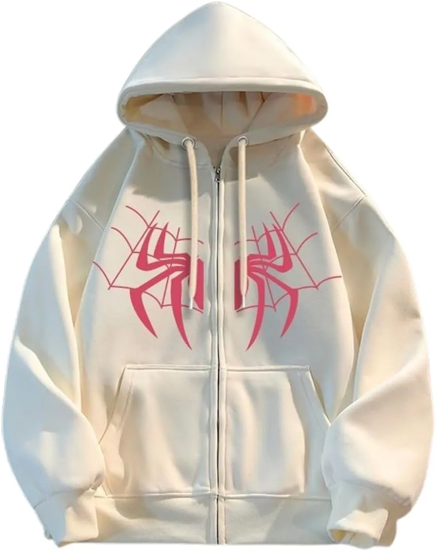 Y2k Spider Print Hoodies Hip Hop Zipper Long Sleeve Jacket Coats Harajuku Casual Loose Hooded Sweatshirt