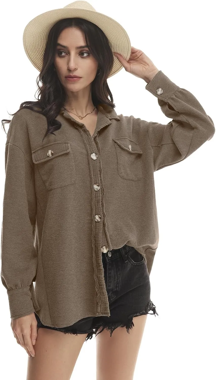 Yanekop Waffle Knit Button Down Shirt Womens Shacket Oversized Long Sleeve Shirt Jacket Trendy Outfits 2025