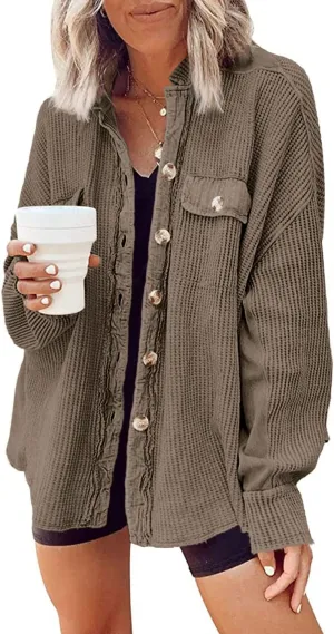 Yanekop Waffle Knit Button Down Shirt Womens Shacket Oversized Long Sleeve Shirt Jacket Trendy Outfits 2025