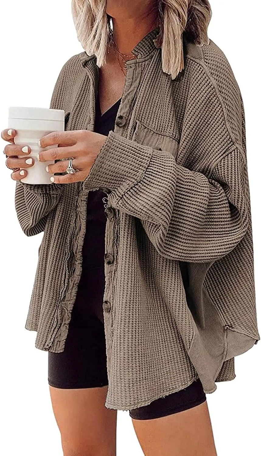 Yanekop Waffle Knit Button Down Shirt Womens Shacket Oversized Long Sleeve Shirt Jacket Trendy Outfits 2025