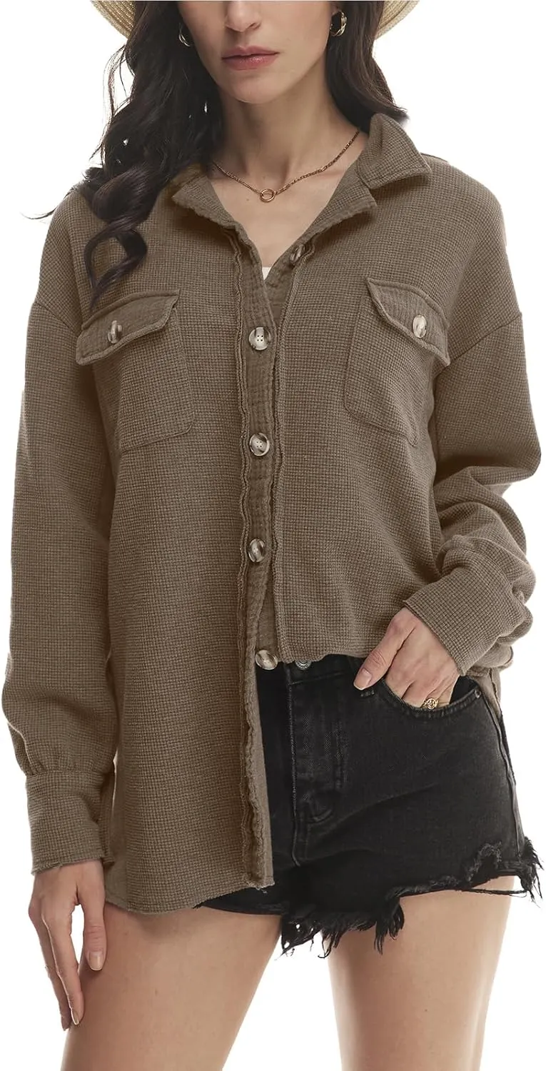 Yanekop Waffle Knit Button Down Shirt Womens Shacket Oversized Long Sleeve Shirt Jacket Trendy Outfits 2025