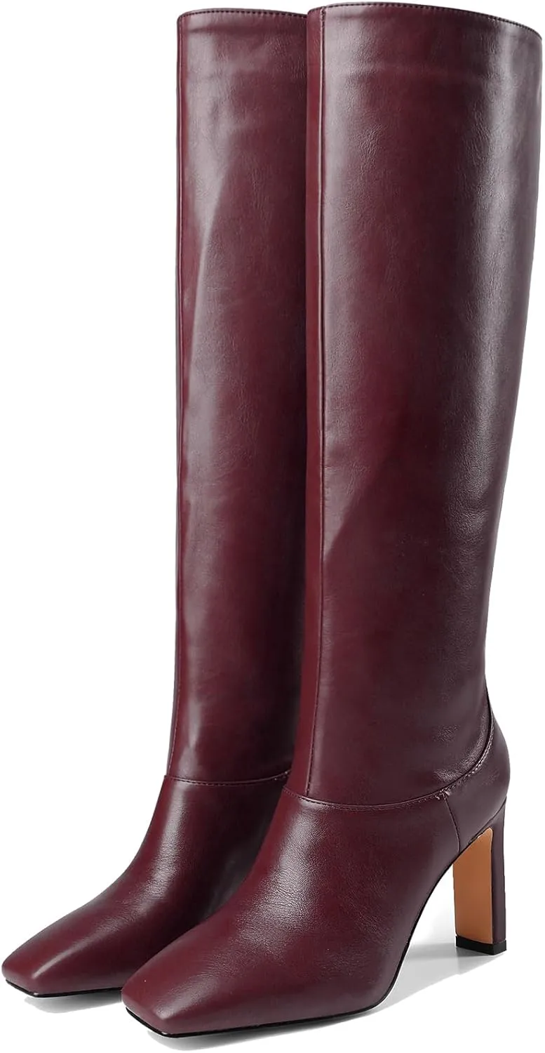 YIYA Cherry Red Boots for Fall Square Toe Chunky High Heels Dark Red Knee High Long Boots Pull On
