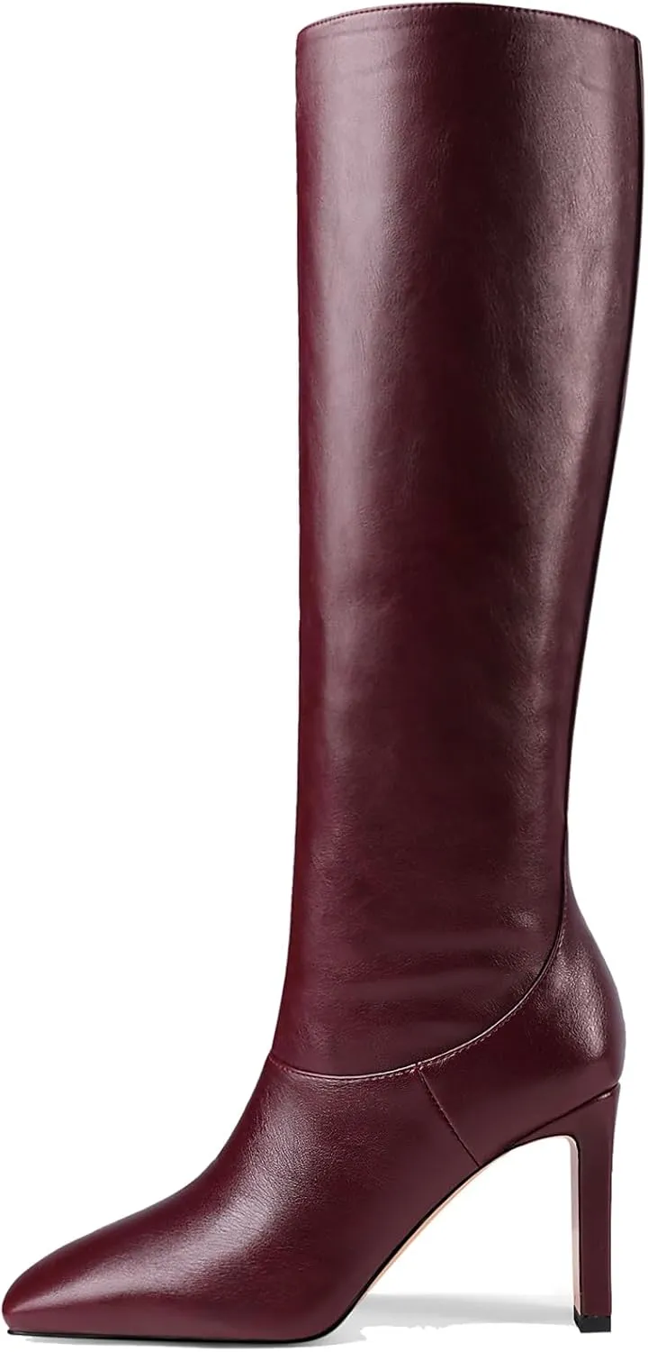 YIYA Cherry Red Boots for Fall Square Toe Chunky High Heels Dark Red Knee High Long Boots Pull On