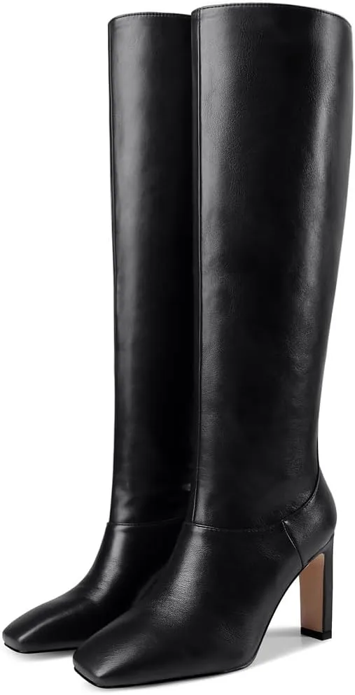 YIYA Cherry Red Boots for Fall Square Toe Chunky High Heels Dark Red Knee High Long Boots Pull On