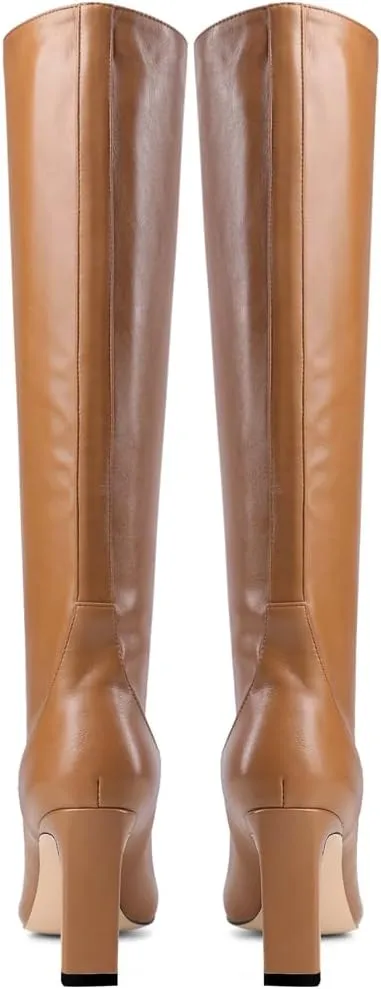 YIYA Cherry Red Boots for Fall Square Toe Chunky High Heels Dark Red Knee High Long Boots Pull On