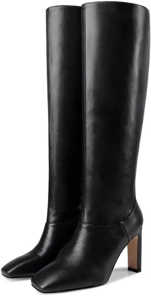 YIYA Cherry Red Boots for Fall Square Toe Chunky High Heels Dark Red Knee High Long Boots Pull On