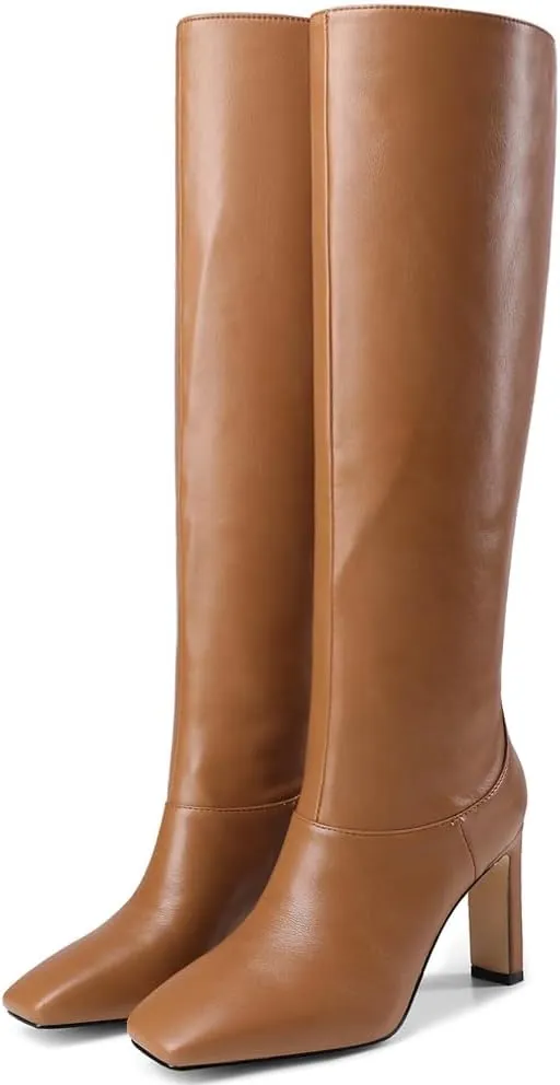 YIYA Cherry Red Boots for Fall Square Toe Chunky High Heels Dark Red Knee High Long Boots Pull On