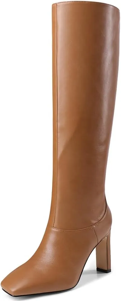 YIYA Cherry Red Boots for Fall Square Toe Chunky High Heels Dark Red Knee High Long Boots Pull On