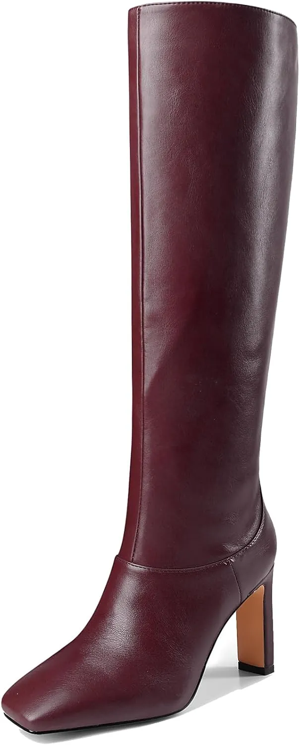 YIYA Cherry Red Boots for Fall Square Toe Chunky High Heels Dark Red Knee High Long Boots Pull On