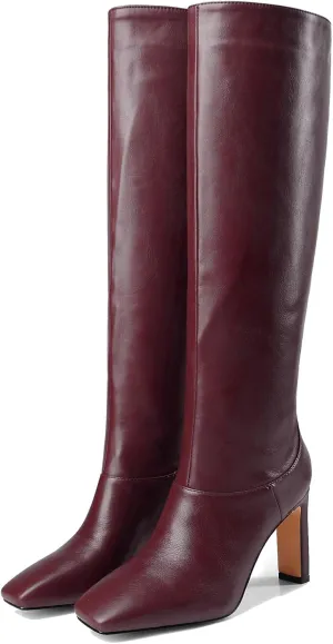 YIYA Cherry Red Boots for Fall Square Toe Chunky High Heels Dark Red Knee High Long Boots Pull On