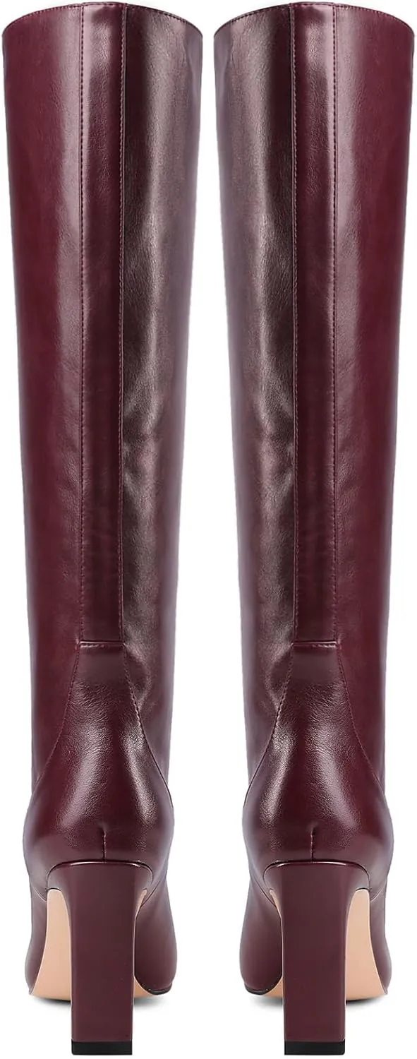 YIYA Cherry Red Boots for Fall Square Toe Chunky High Heels Dark Red Knee High Long Boots Pull On