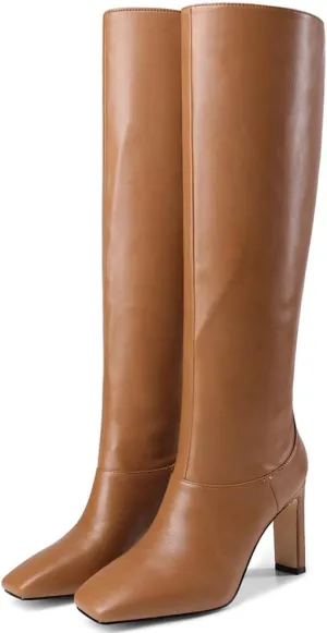 YIYA Cherry Red Boots for Fall Square Toe Chunky High Heels Dark Red Knee High Long Boots Pull On