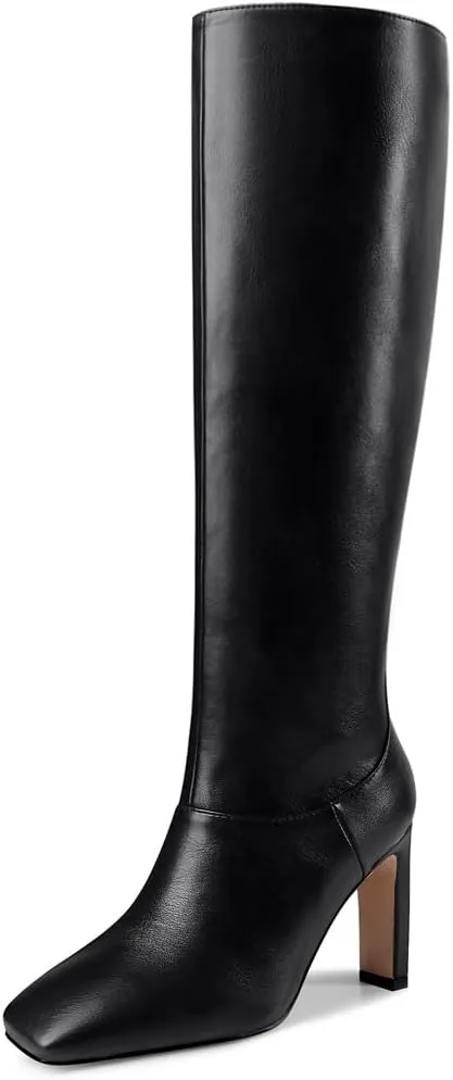 YIYA Cherry Red Boots for Fall Square Toe Chunky High Heels Dark Red Knee High Long Boots Pull On