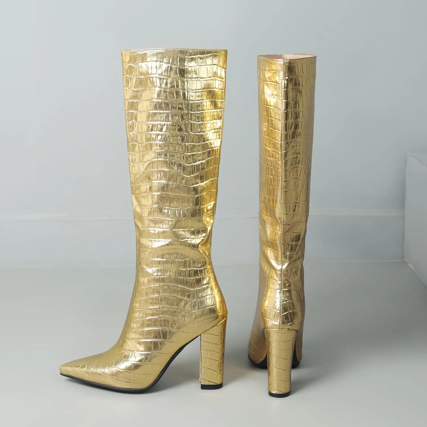 YIYA Knee High Western Boots for Women Winter Leather Shoes Pointed Toe Block High Heel Tall Boot