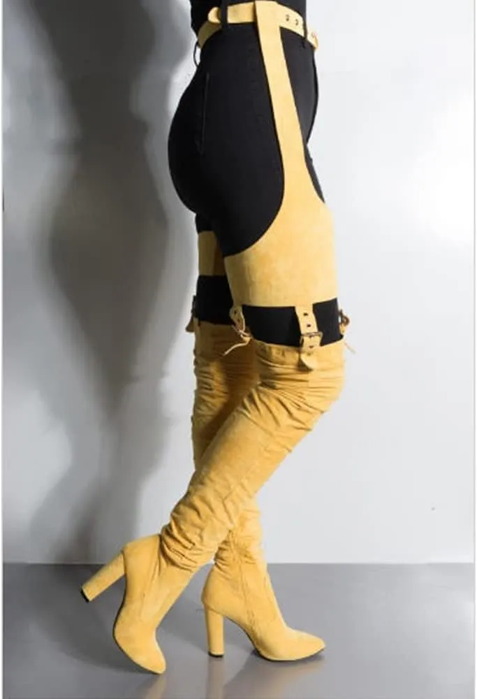 YIYA Slouch Over The Knee Boots for Women Suede Combat T-Tied Belt Thigh High Boots Sexy Pointed Toe High Heel Long Boots