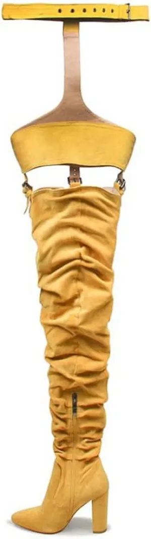 YIYA Slouch Over The Knee Boots for Women Suede Combat T-Tied Belt Thigh High Boots Sexy Pointed Toe High Heel Long Boots