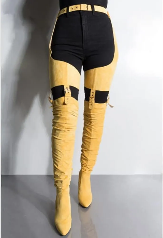 YIYA Slouch Over The Knee Boots for Women Suede Combat T-Tied Belt Thigh High Boots Sexy Pointed Toe High Heel Long Boots