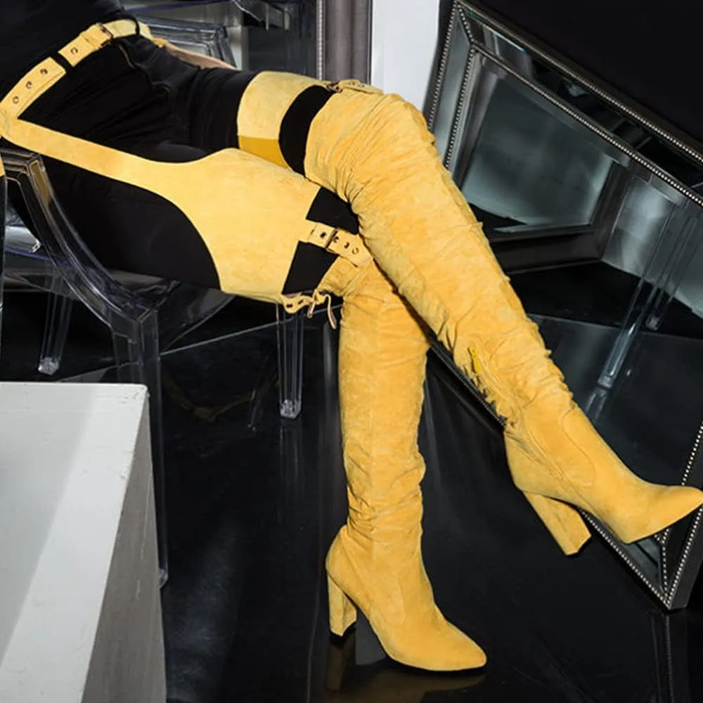 YIYA Slouch Over The Knee Boots for Women Suede Combat T-Tied Belt Thigh High Boots Sexy Pointed Toe High Heel Long Boots