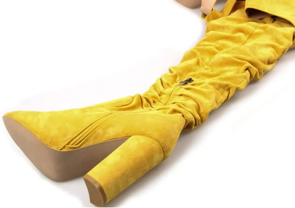 YIYA Slouch Over The Knee Boots for Women Suede Combat T-Tied Belt Thigh High Boots Sexy Pointed Toe High Heel Long Boots