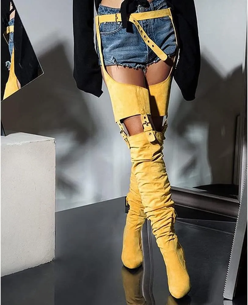 YIYA Slouch Over The Knee Boots for Women Suede Combat T-Tied Belt Thigh High Boots Sexy Pointed Toe High Heel Long Boots
