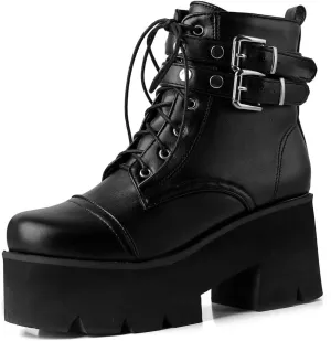 YIYA Women's Black Goth Platform Ankle Boots with Bat Wing Buckles Chunky Block Heels Round Toe Zipper Punk Motorcycle Combat Boots Comfy Short Gothic Booties