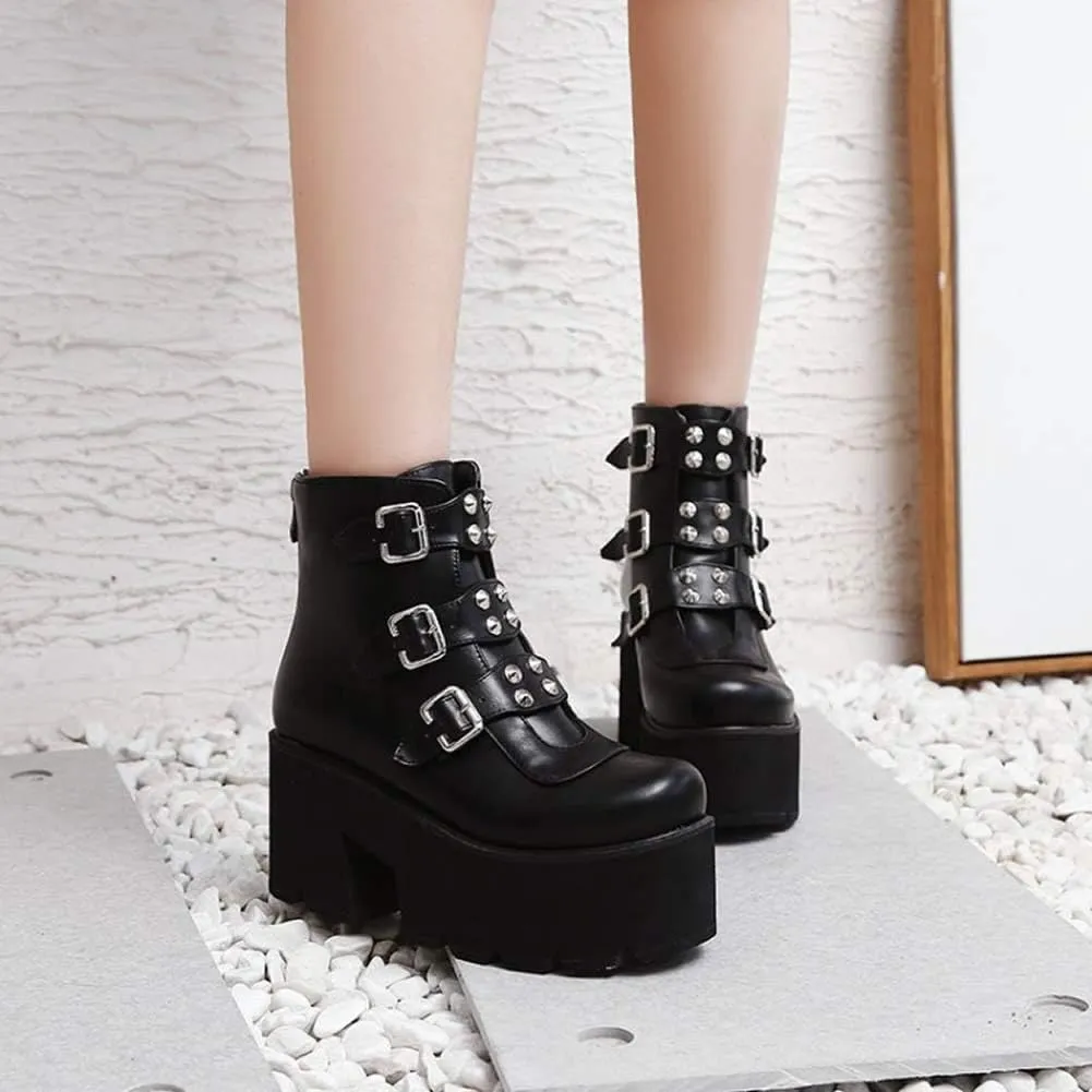 YIYA Women's Black Goth Platform Ankle Boots with Bat Wing Buckles Chunky Block Heels Round Toe Zipper Punk Motorcycle Combat Boots Comfy Short Gothic Booties