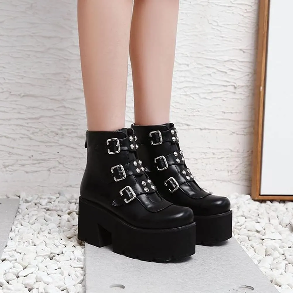 YIYA Women's Black Goth Platform Ankle Boots with Bat Wing Buckles Chunky Block Heels Round Toe Zipper Punk Motorcycle Combat Boots Comfy Short Gothic Booties