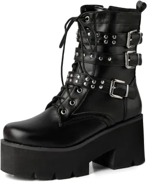 YIYA Women's Black Goth Platform Ankle Boots with Bat Wing Buckles Chunky Block Heels Round Toe Zipper Punk Motorcycle Combat Boots Comfy Short Gothic Booties