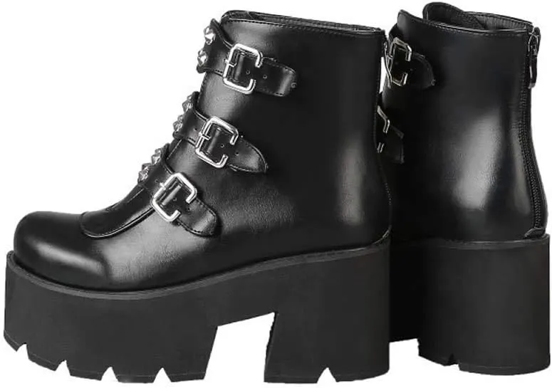 YIYA Women's Black Goth Platform Ankle Boots with Bat Wing Buckles Chunky Block Heels Round Toe Zipper Punk Motorcycle Combat Boots Comfy Short Gothic Booties