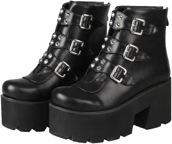 YIYA Women's Black Goth Platform Ankle Boots with Bat Wing Buckles Chunky Block Heels Round Toe Zipper Punk Motorcycle Combat Boots Comfy Short Gothic Booties