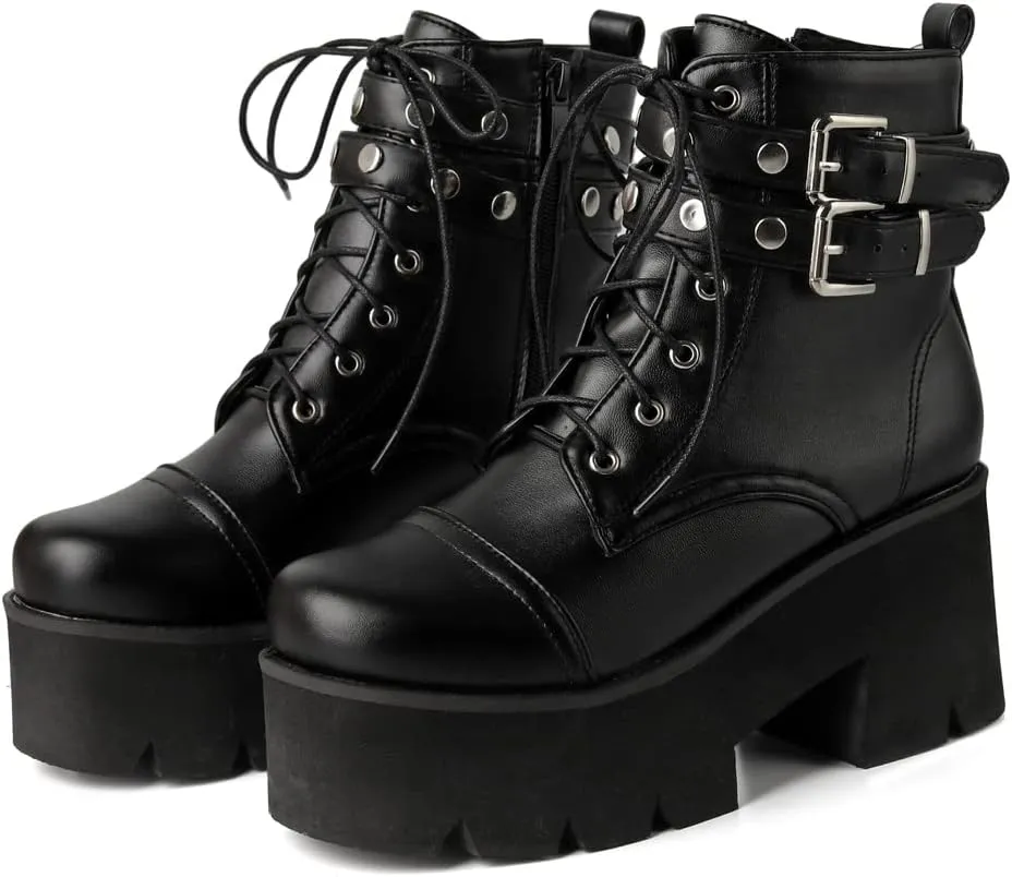 YIYA Women's Black Goth Platform Ankle Boots with Bat Wing Buckles Chunky Block Heels Round Toe Zipper Punk Motorcycle Combat Boots Comfy Short Gothic Booties