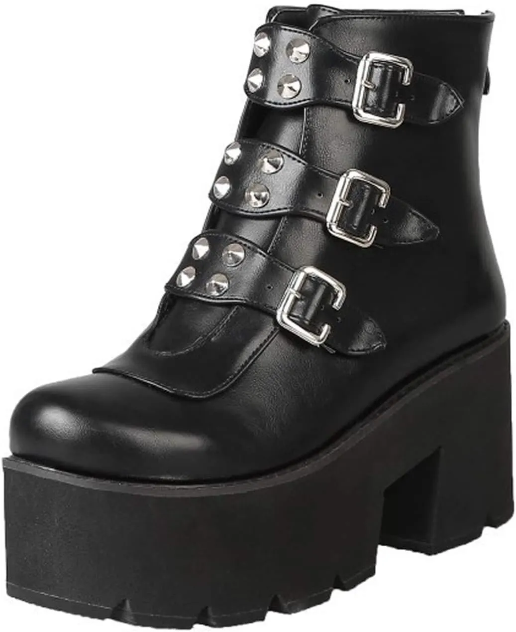 YIYA Women's Black Goth Platform Ankle Boots with Bat Wing Buckles Chunky Block Heels Round Toe Zipper Punk Motorcycle Combat Boots Comfy Short Gothic Booties