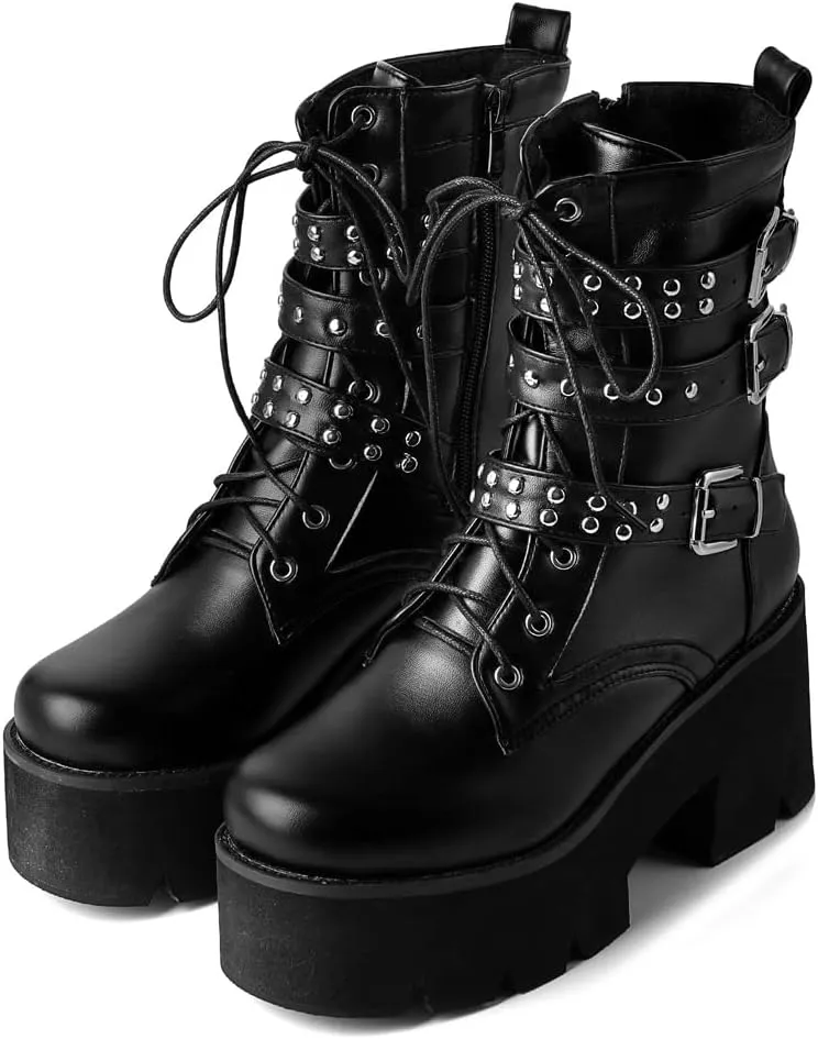 YIYA Women's Black Goth Platform Ankle Boots with Bat Wing Buckles Chunky Block Heels Round Toe Zipper Punk Motorcycle Combat Boots Comfy Short Gothic Booties