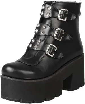 YIYA Women's Black Goth Platform Ankle Boots with Bat Wing Buckles Chunky Block Heels Round Toe Zipper Punk Motorcycle Combat Boots Comfy Short Gothic Booties