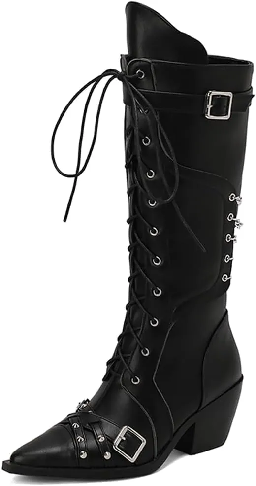 YIYA Women's Buckle Studded Lace Up Goth Knee High Boots with Chain Pointed Toe Chunky Heels Gothic Punk Knight Tall Zipper Boots