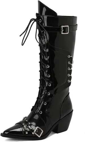 YIYA Women's Buckle Studded Lace Up Goth Knee High Boots with Chain Pointed Toe Chunky Heels Gothic Punk Knight Tall Zipper Boots