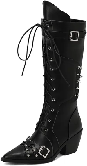 YIYA Women's Buckle Studded Lace Up Goth Knee High Boots with Chain Pointed Toe Chunky Heels Gothic Punk Knight Tall Zipper Boots