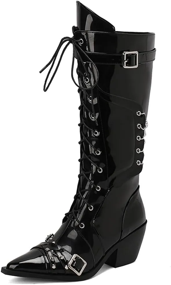 YIYA Women's Buckle Studded Lace Up Goth Knee High Boots with Chain Pointed Toe Chunky Heels Gothic Punk Knight Tall Zipper Boots