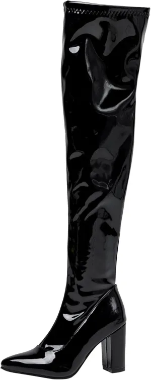 YIYA Women's Metallic Over the Knee High Boots Pointed Toe Chunky Mid Heel Thigh High Fashion Dress Boots Zipper Long Boots