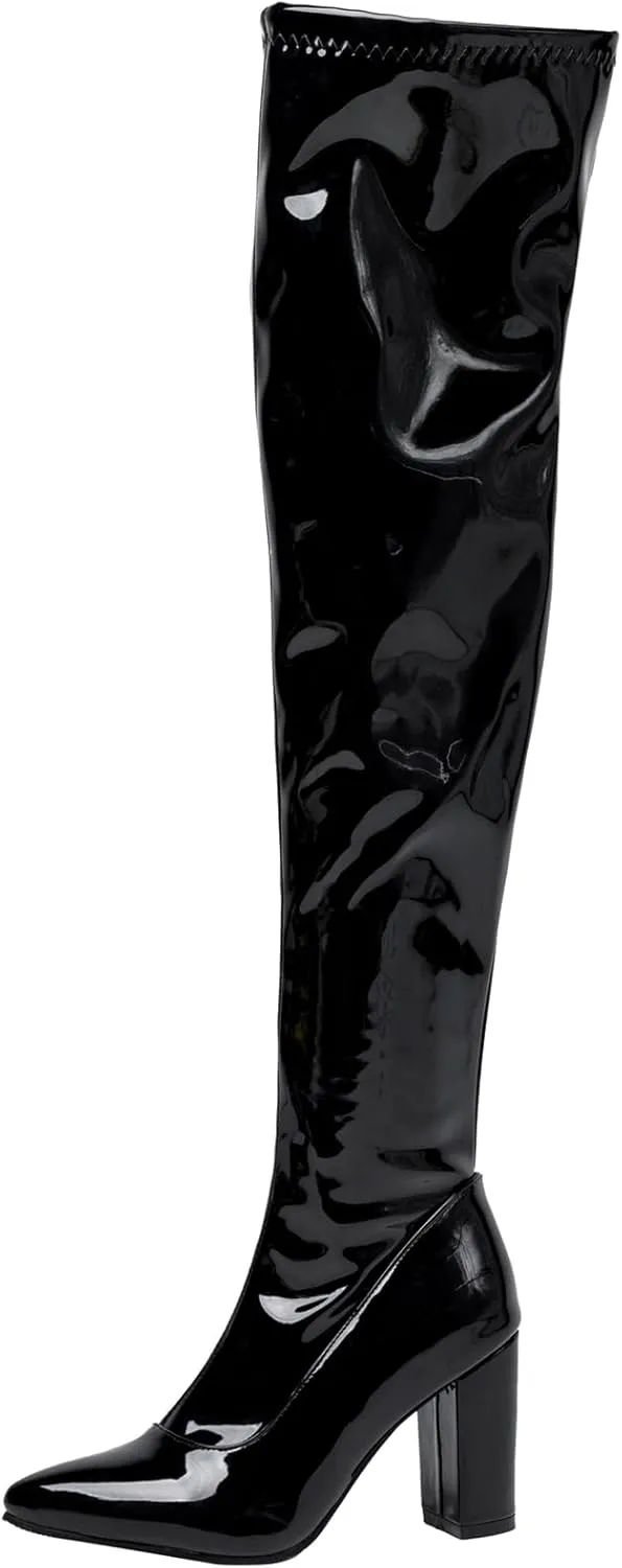 YIYA Women's Metallic Over the Knee High Boots Pointed Toe Chunky Mid Heel Thigh High Fashion Dress Boots Zipper Long Boots