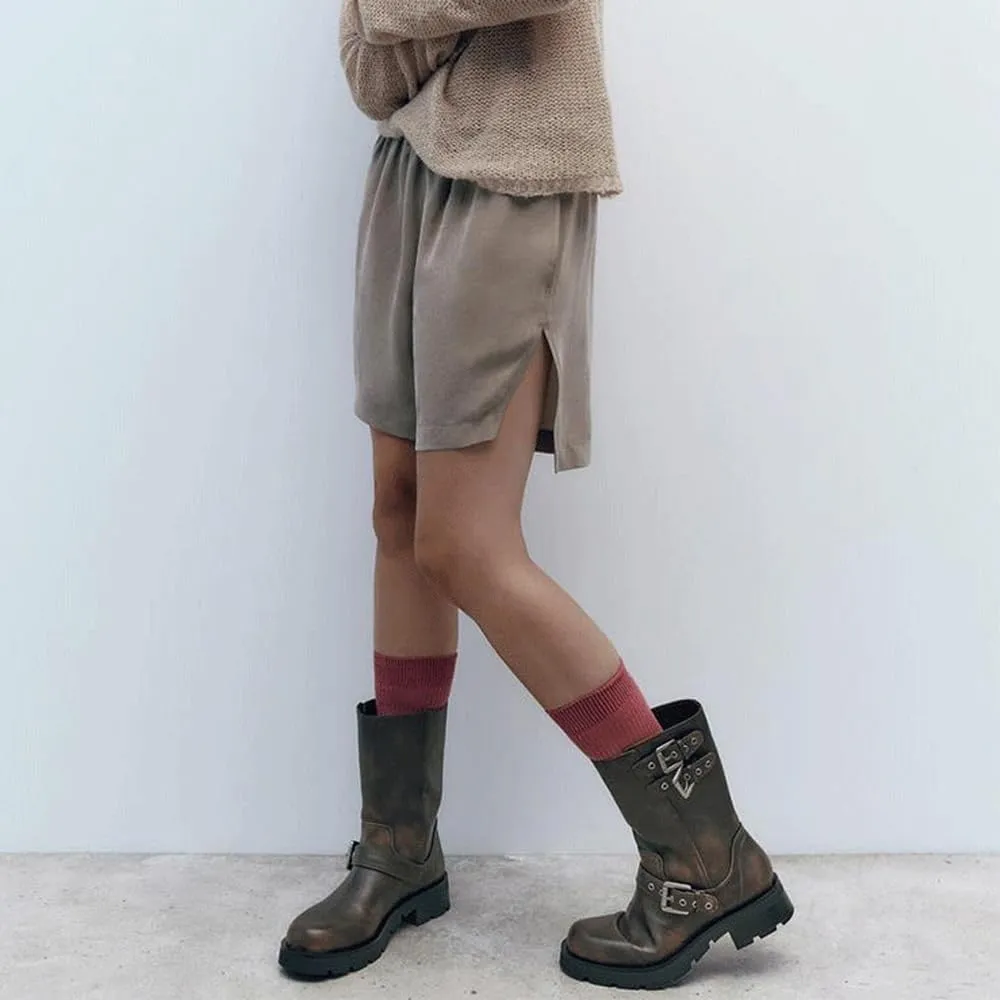 YIYA Women's Motorcycle Mid Calf Biker Boots Round Toe Chunky Low Heel Fashion Buckle Short Riding Combat Fall Boots