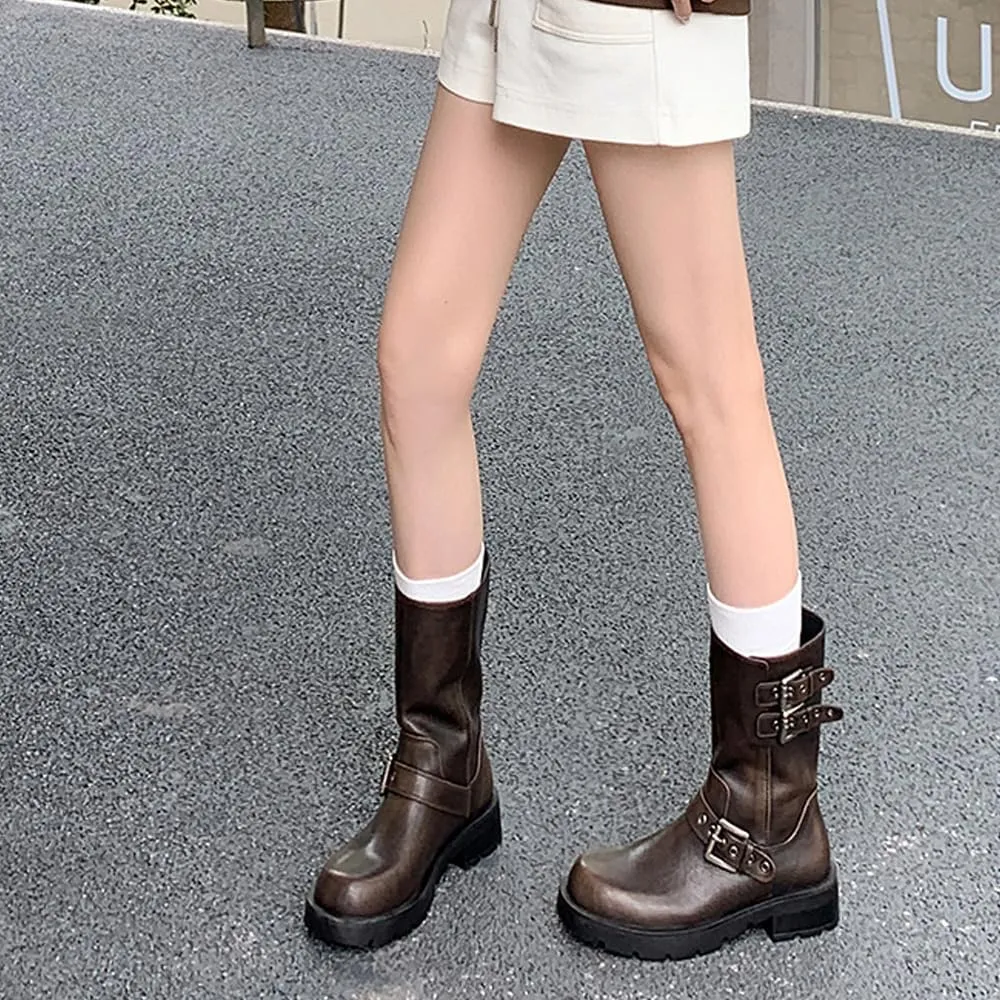 YIYA Women's Motorcycle Mid Calf Biker Boots Round Toe Chunky Low Heel Fashion Buckle Short Riding Combat Fall Boots