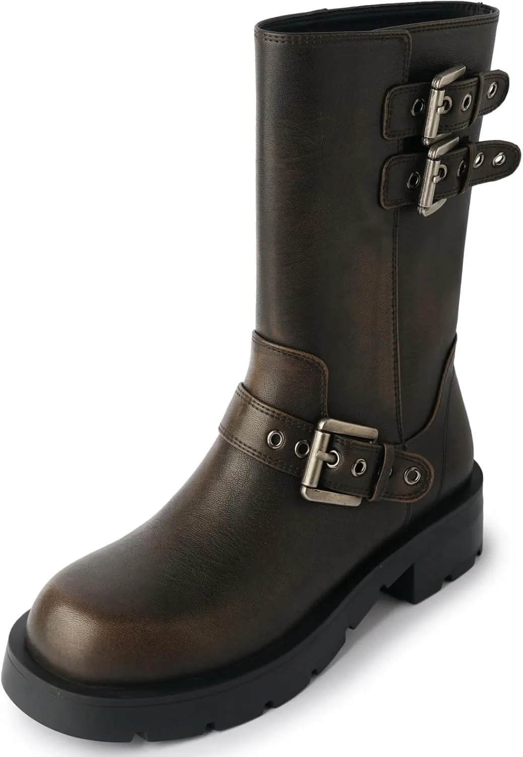 YIYA Women's Motorcycle Mid Calf Biker Boots Round Toe Chunky Low Heel Fashion Buckle Short Riding Combat Fall Boots