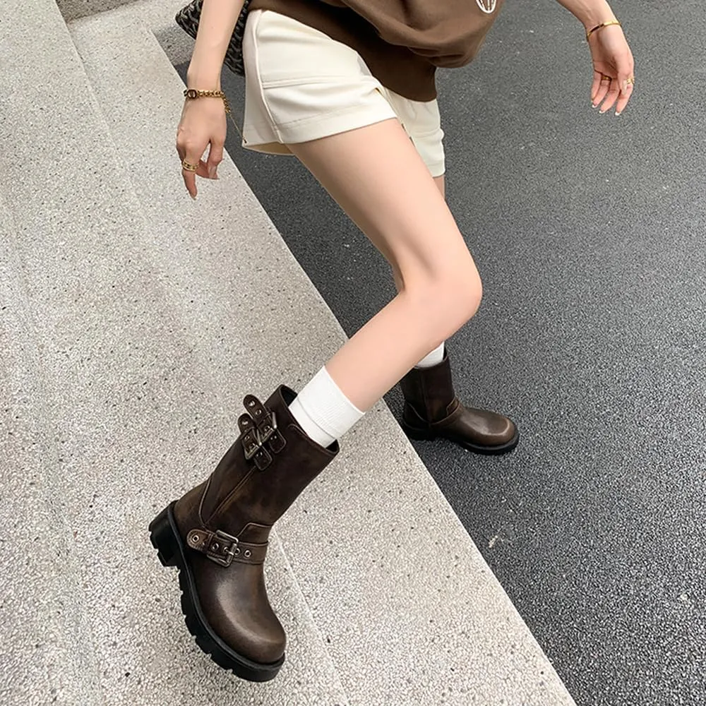 YIYA Women's Motorcycle Mid Calf Biker Boots Round Toe Chunky Low Heel Fashion Buckle Short Riding Combat Fall Boots
