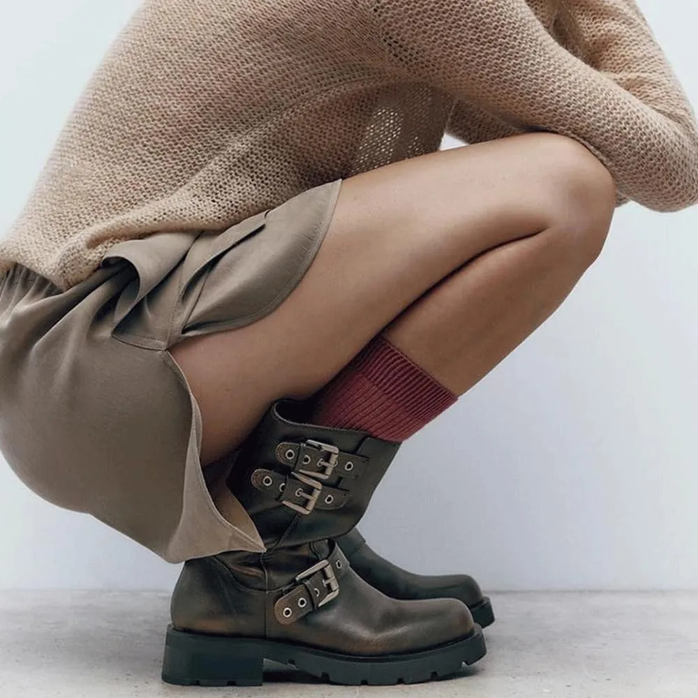 YIYA Women's Motorcycle Mid Calf Biker Boots Round Toe Chunky Low Heel Fashion Buckle Short Riding Combat Fall Boots