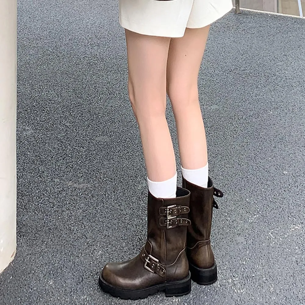 YIYA Women's Motorcycle Mid Calf Biker Boots Round Toe Chunky Low Heel Fashion Buckle Short Riding Combat Fall Boots