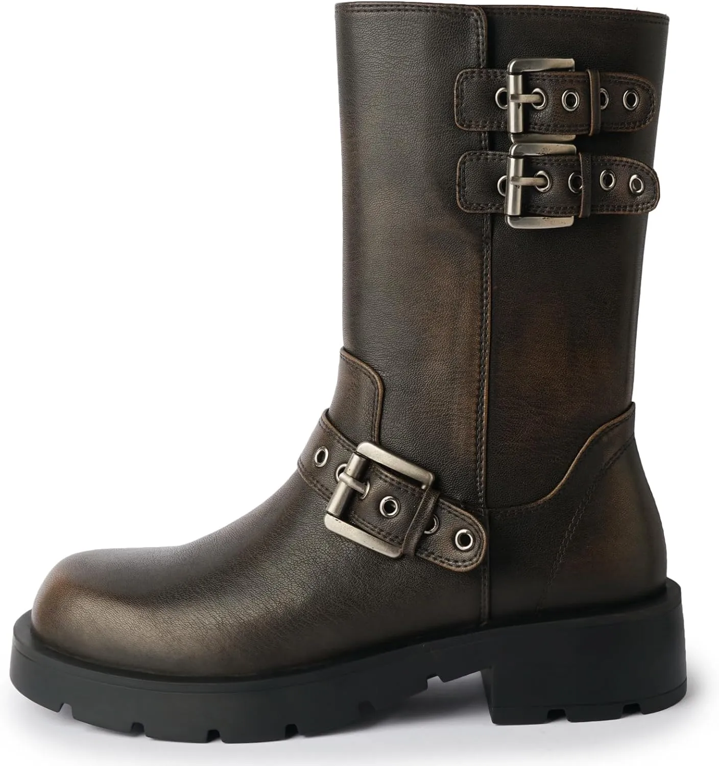 YIYA Women's Motorcycle Mid Calf Biker Boots Round Toe Chunky Low Heel Fashion Buckle Short Riding Combat Fall Boots